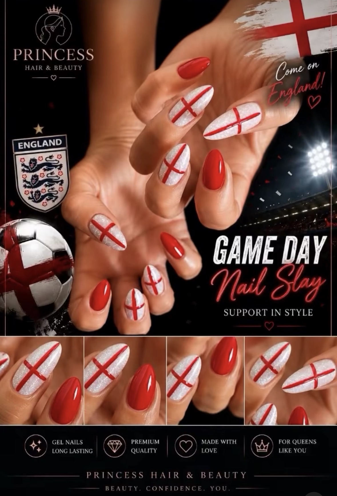 England game day nail art in red and white